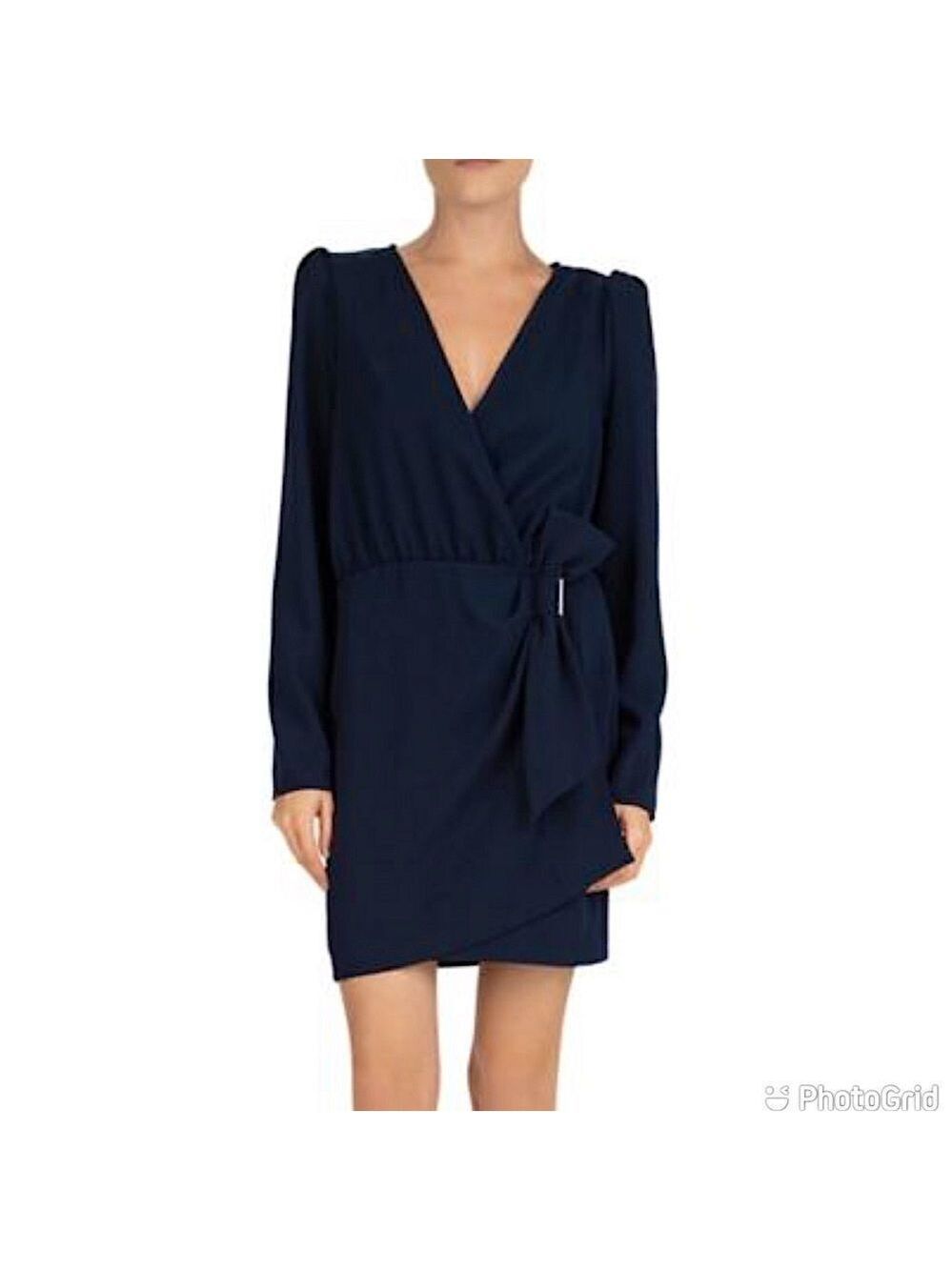 NEW The Kooples Daisy Bow Detail Crepe Navy Long Sleeve Mini Dress
